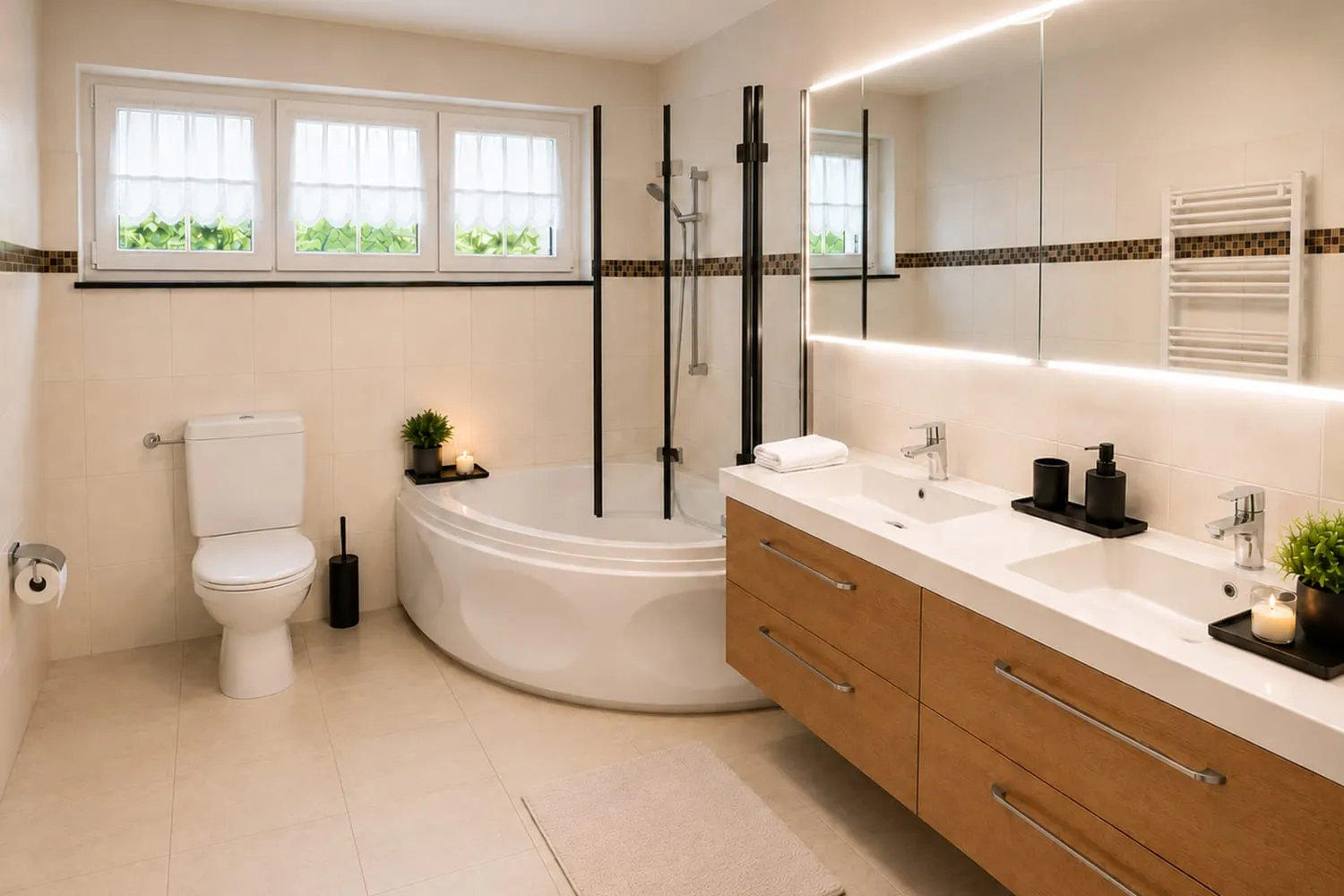 Badezimmer mit Eckbadewanne und Doppelwaschtisch