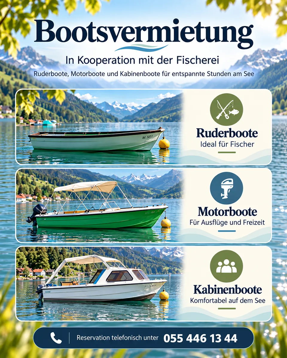 Plakat Bootsvermietung am Wägitalersee: Ruder-, Motor- und Kabinenboote