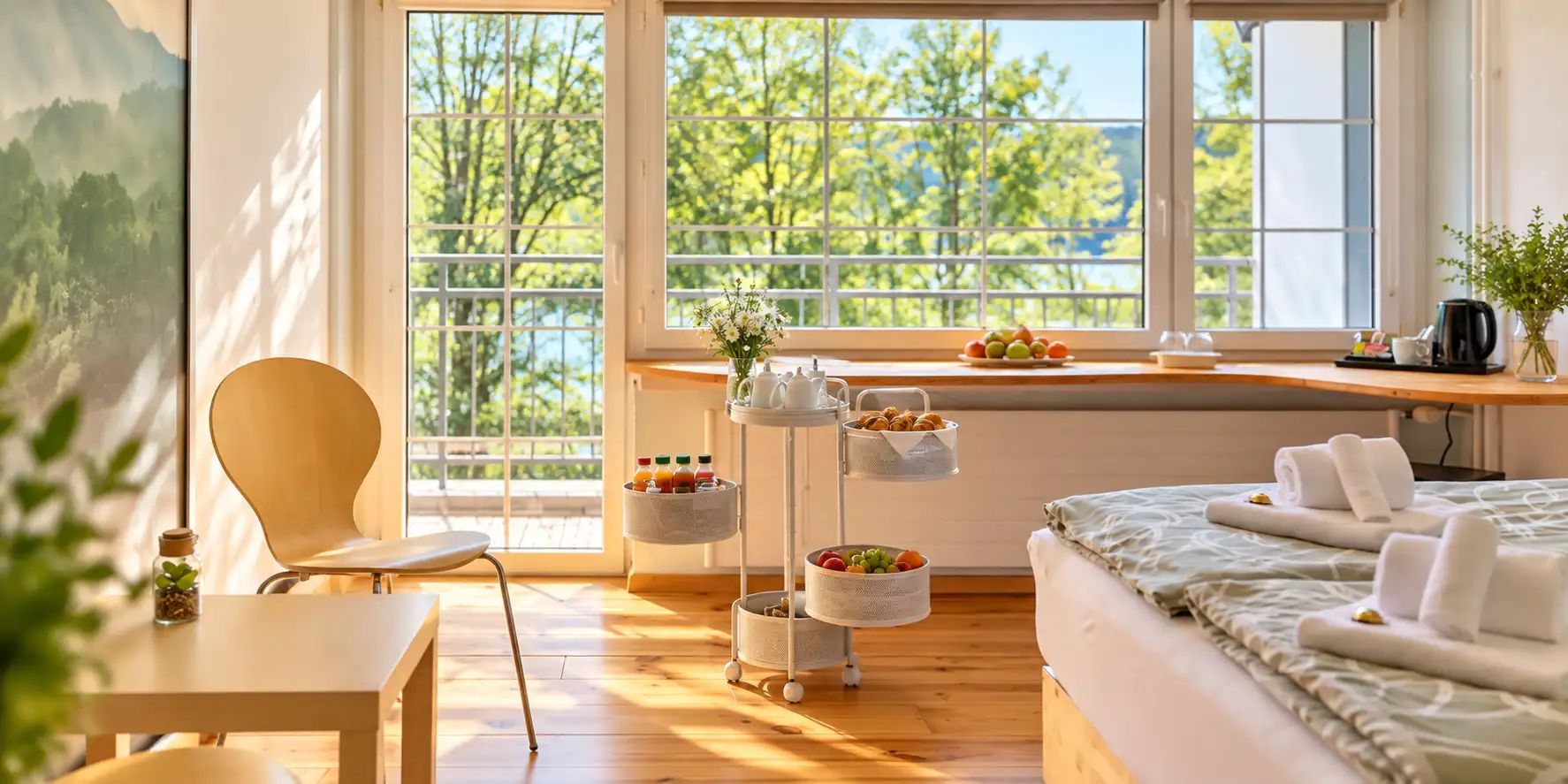 Frühstück vom Wagen, genossen im Zimmer mit Blick auf den Wägitalsee