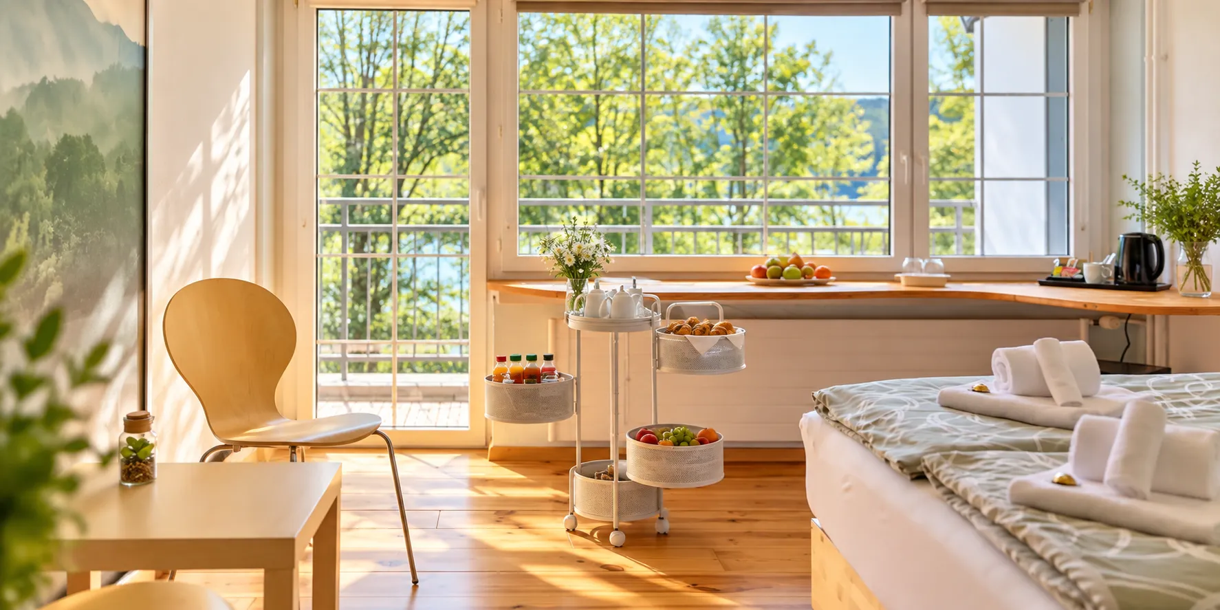 Frühstück vom Wagen, genossen im Zimmer mit Blick auf den Wägitalsee