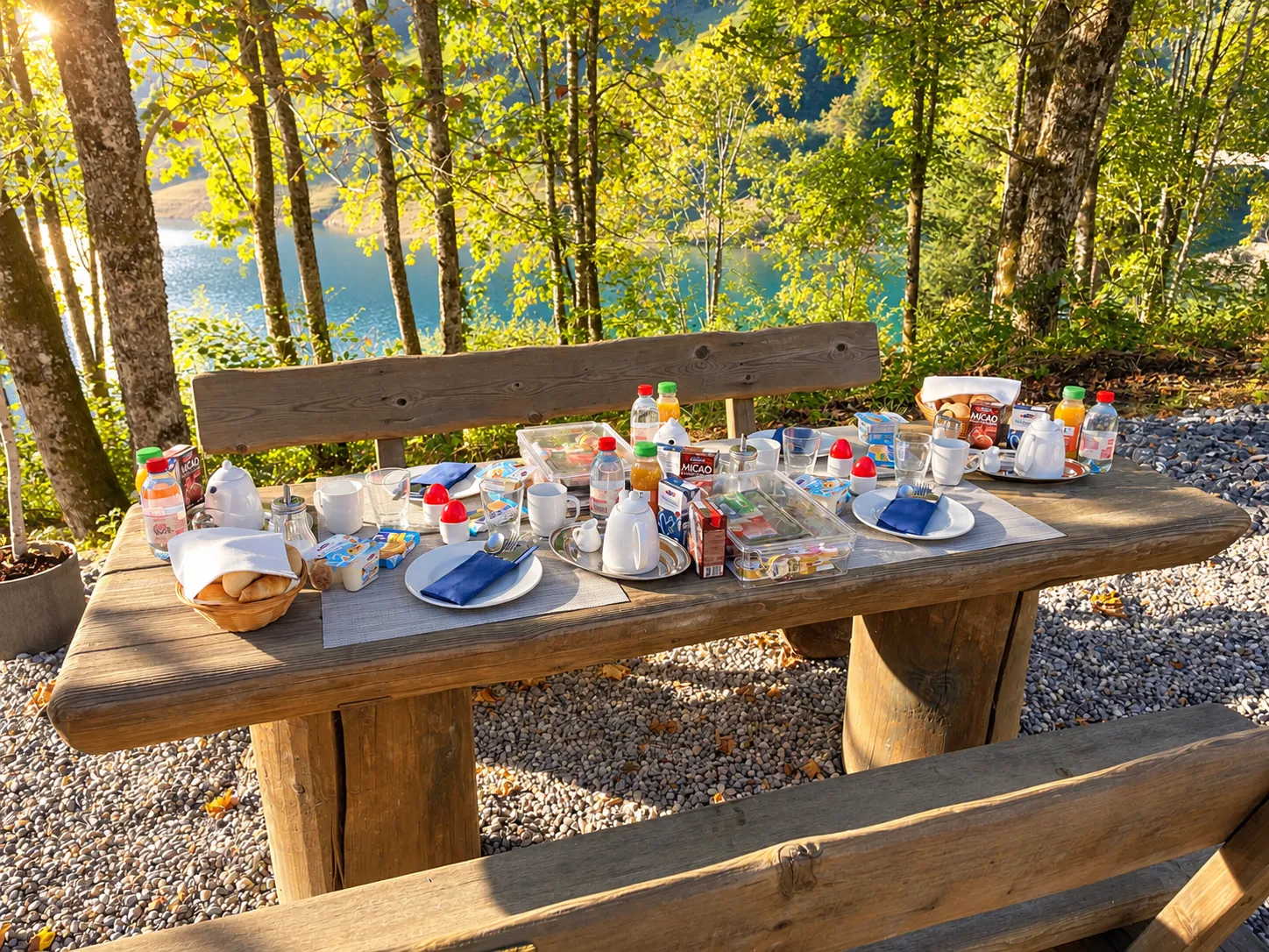Gedeckter Frühstückstisch im Freien mit Blick auf den Wägitalersee