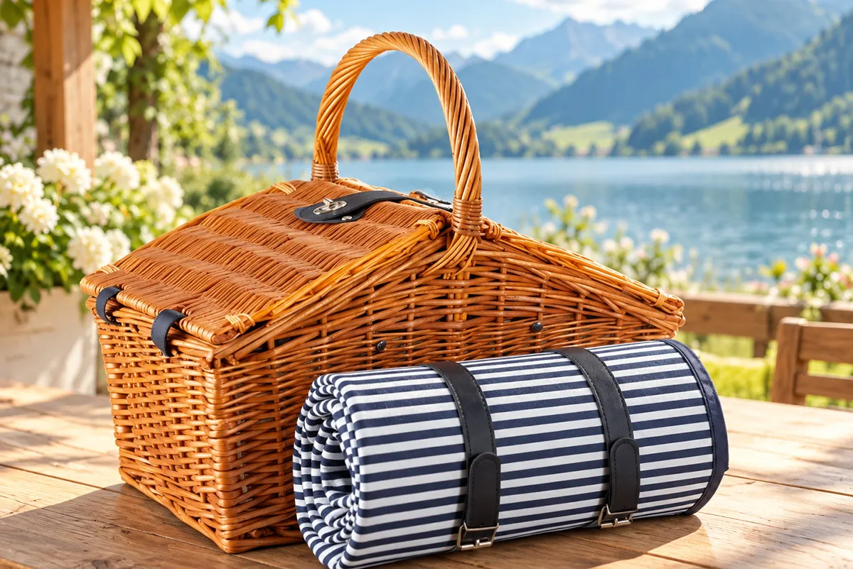 Picknickkorb mit Decke am Alpensee