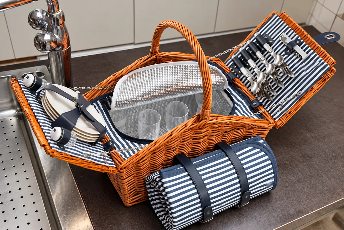 Geöffneter Picknickkorb mit Geschirr, Gläsern und Besteck