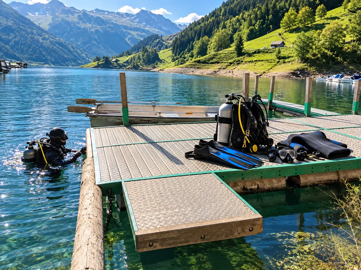 Taucher im Wägitalersee, Tauchausrüstung auf dem Steg